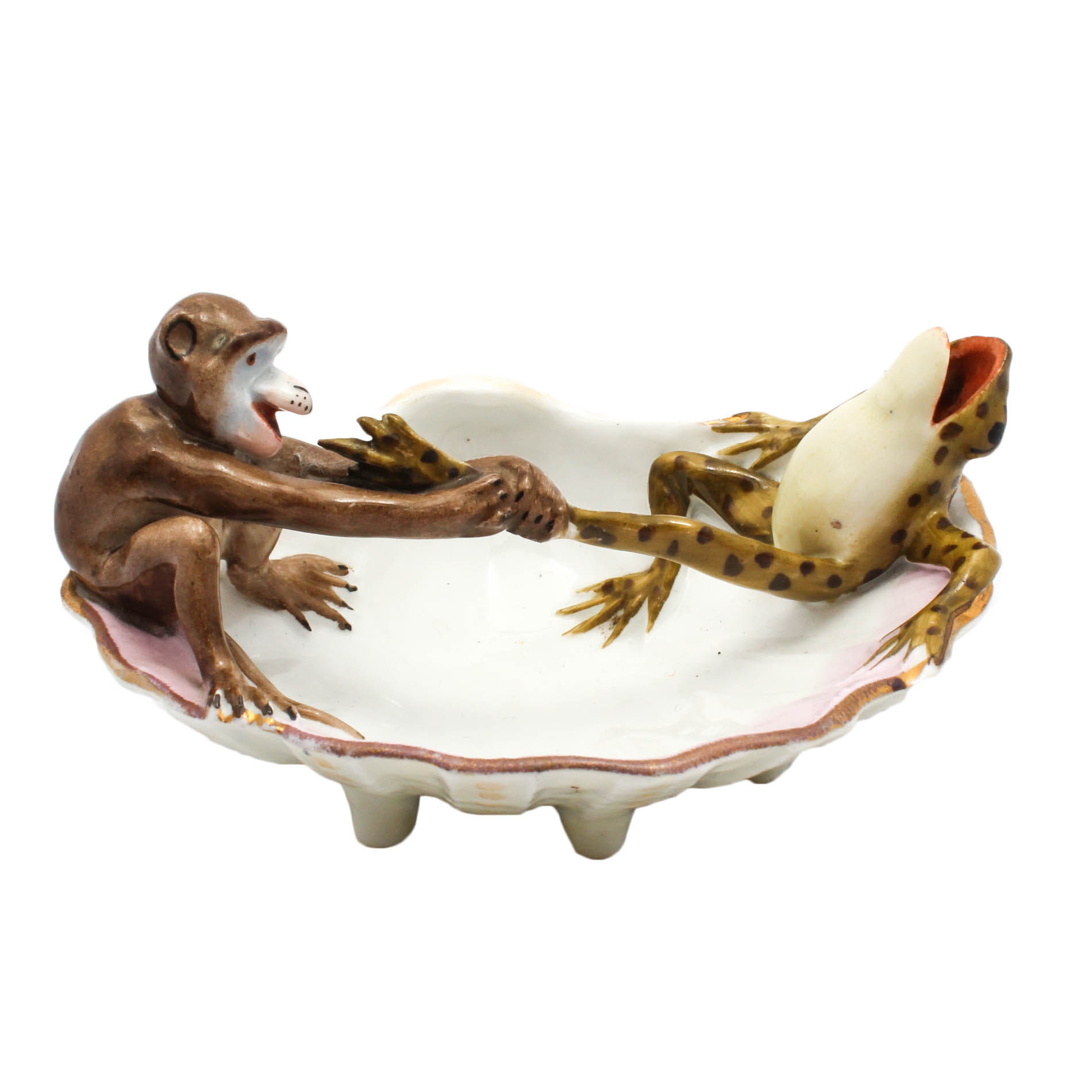 Antique German Porcelain Fairing Frog and Monkey Trinket Dish, Circa 1870