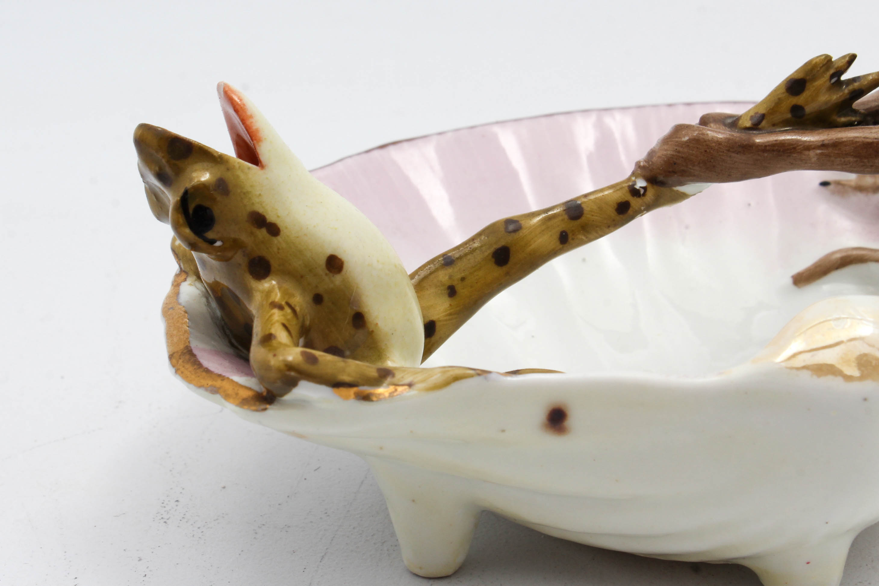 Antique German Porcelain Fairing Frog and Monkey Trinket Dish, Circa 1870