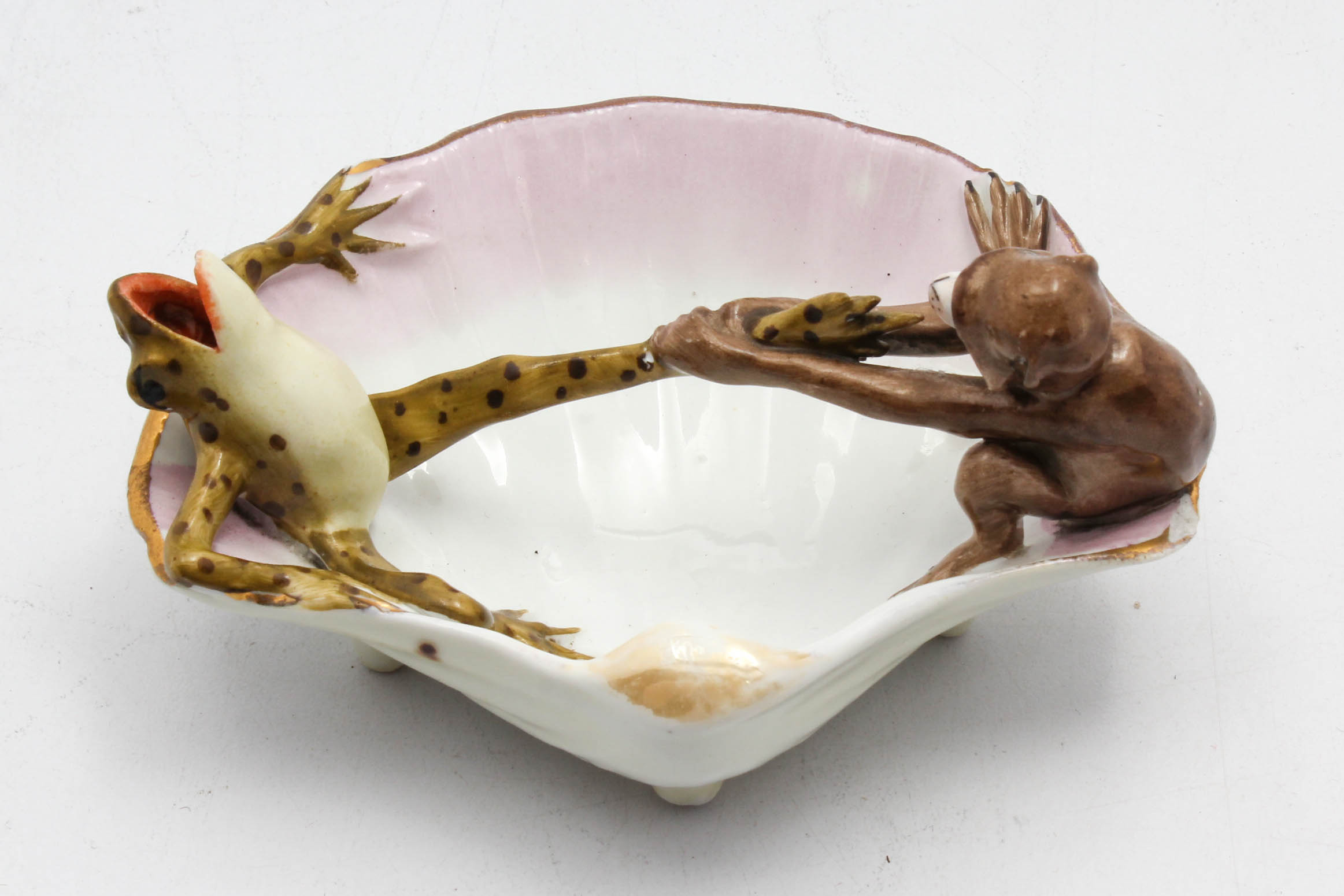 Antique German Porcelain Fairing Frog and Monkey Trinket Dish, Circa 1870