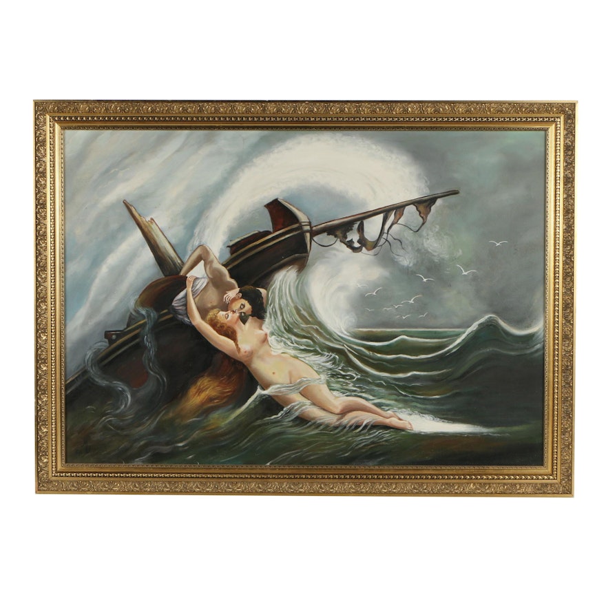 M.D. Oil Painting of Couple Kissing in the Ocean