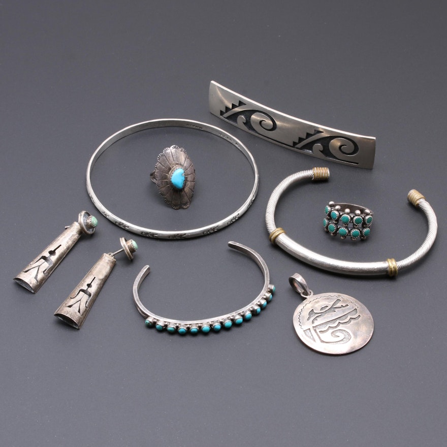 Southwestern Style Sterling Silver Jewelry Including Turquoise