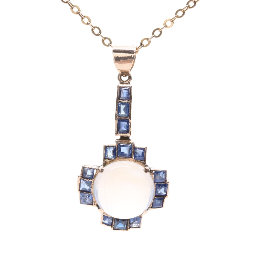 Victorian 8K Yellow Gold and Gold Filled Moonstone and Blue Sapphire Necklace