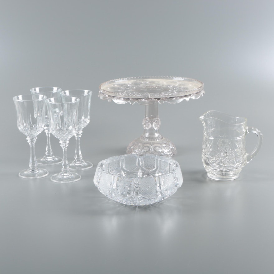 Crystal Wine Glasses and Ash Receiver with Glass Pitcher and Cake Stand