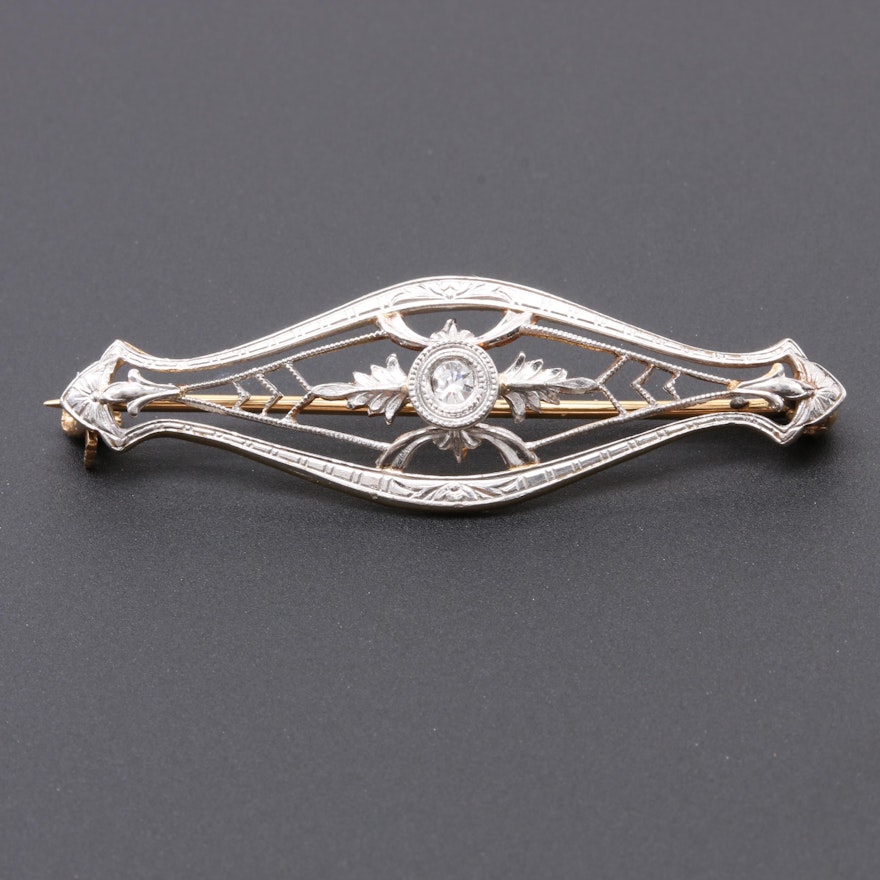 Art Deco 14K Yellow Gold and Platinum Accented Diamond Brooch