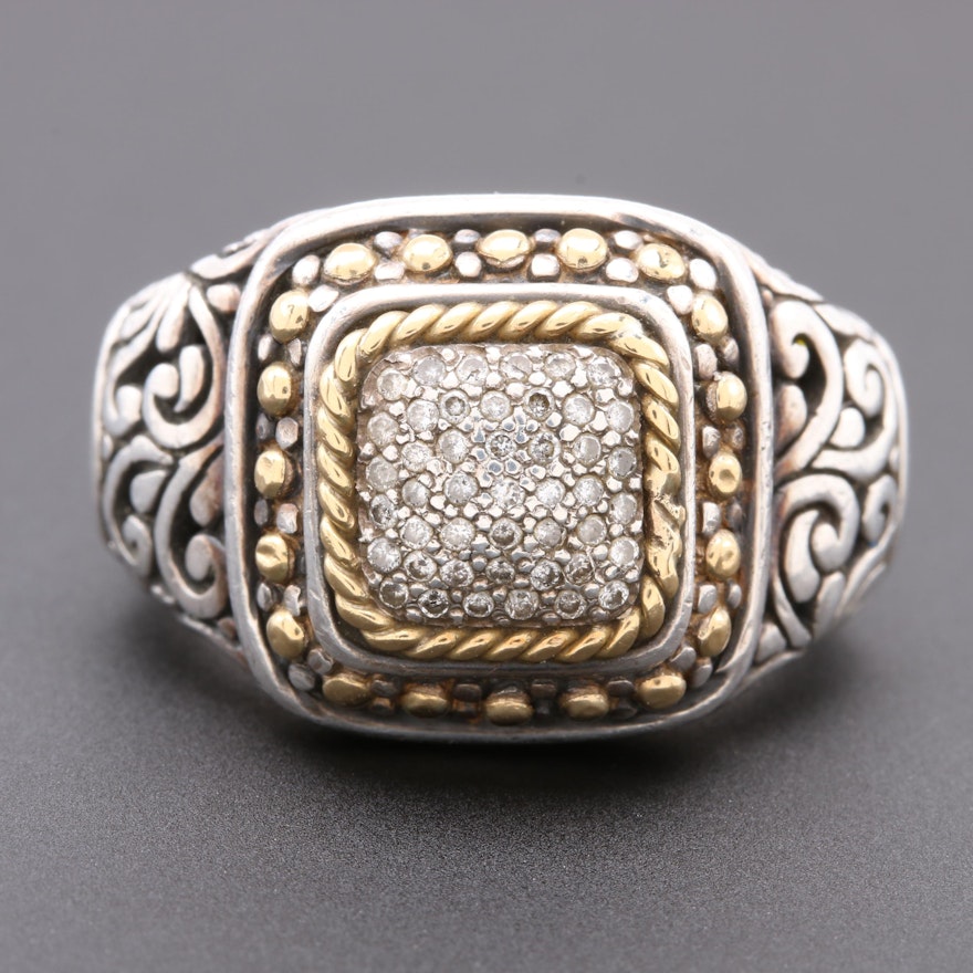 Samuel Benham Sterling Silver Diamond Ring with 18K Yellow Gold Accents