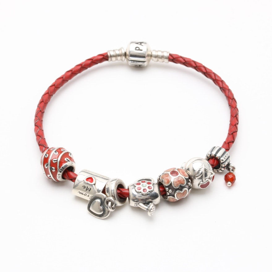 Pandora Sterling Silver Charm Bracelet Including Enamel and Carnelian