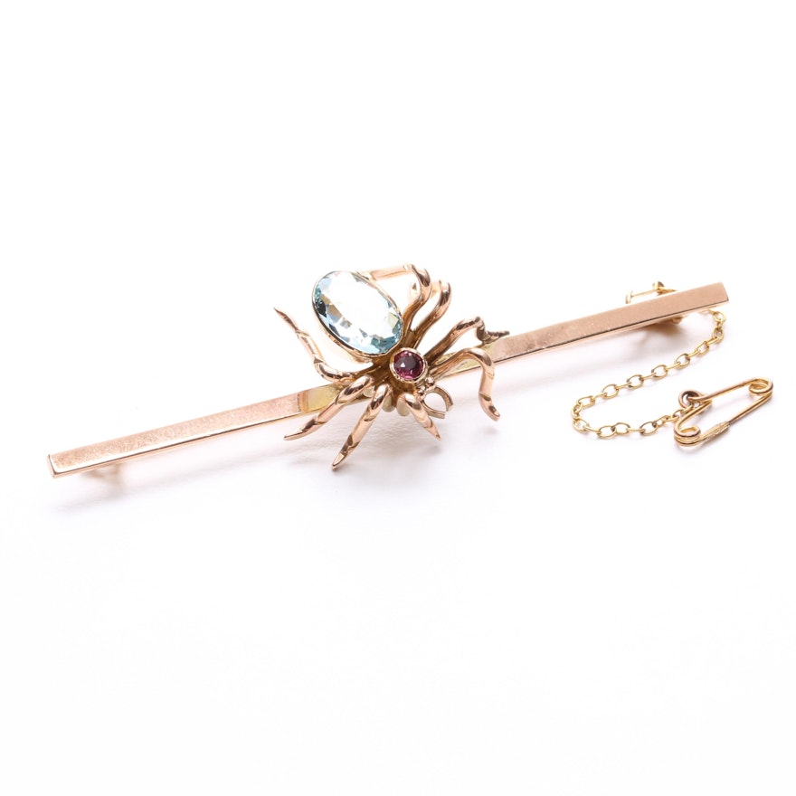 9K Yellow Gold Blue Topaz and Ruby Spider Brooch