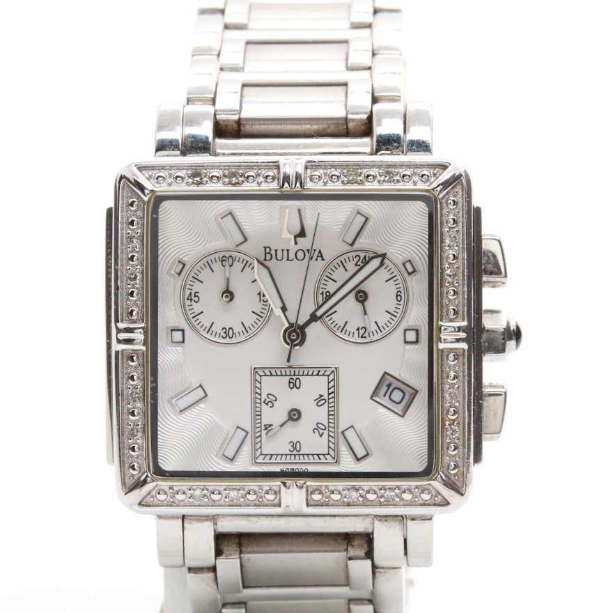 Bulova Stainless Steel Diamond Chronograph Wristwatch