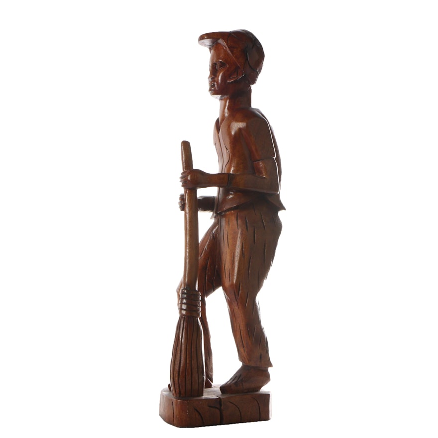 Folk Style Carved Wood Figure Holding Broom