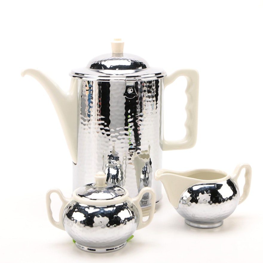 Art Deco Thermisol German Hammered Chrome and Porcelain Coffee Set