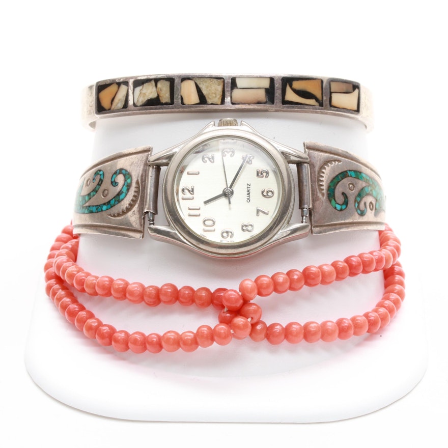 Southwest Style Jewelry Selection Including Wristwatch and Sterling Silver