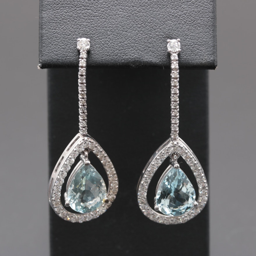 14K White Gold 5.58 CTW Aquamarine and 1.90 CTW Diamond Earrings