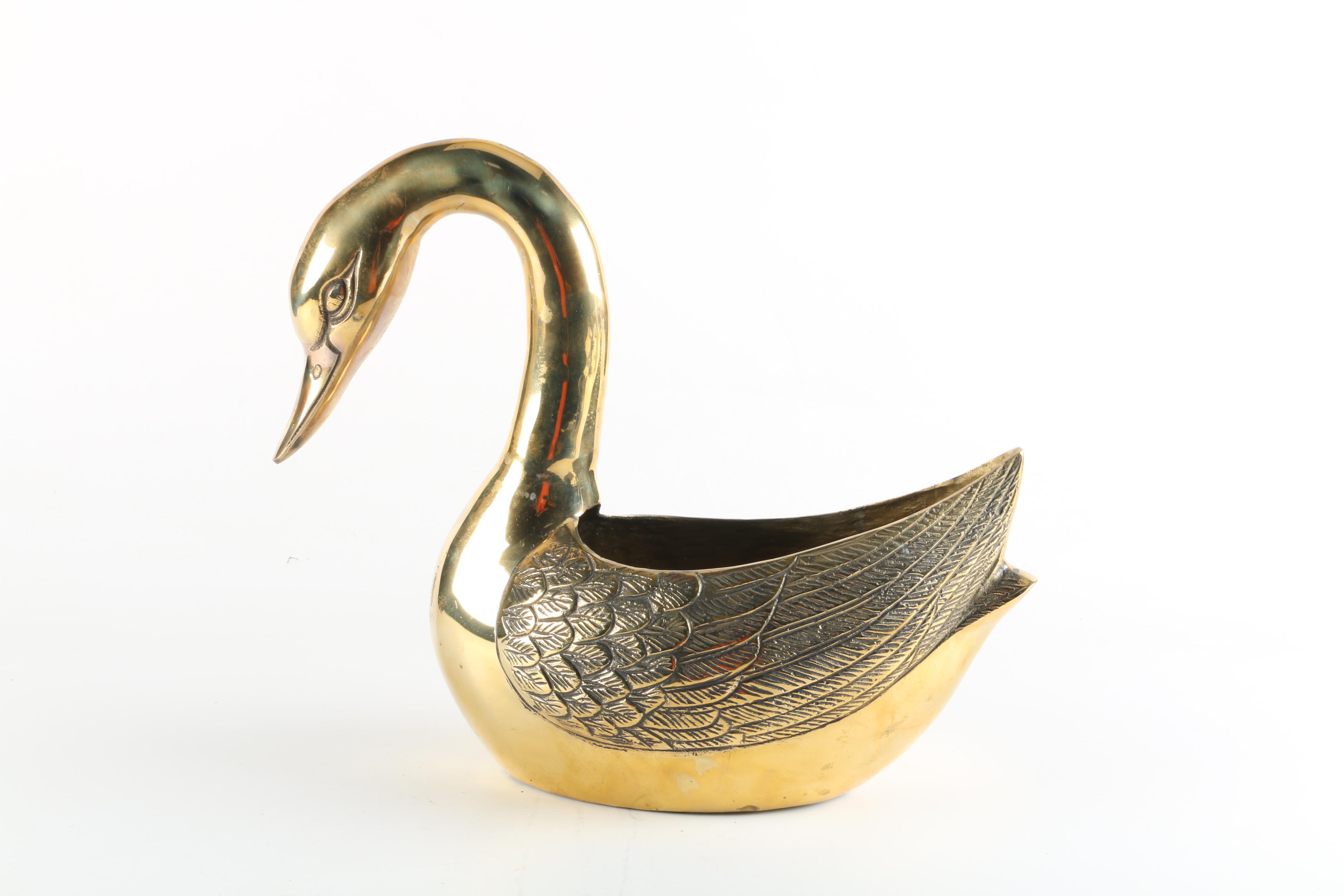 Brass Finished Metal Figurative Swan Planter