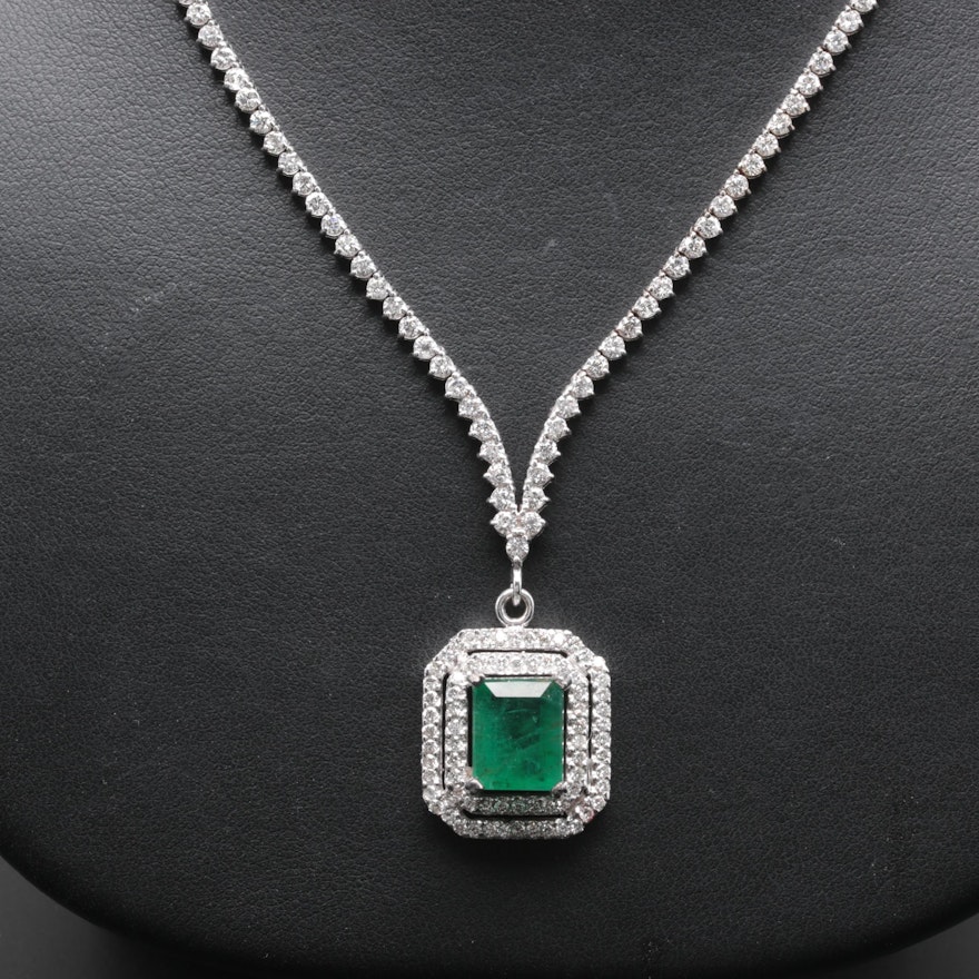 14K and 18K White Gold 3.51 CT Emerald and 3.69 CTW Diamond Necklace