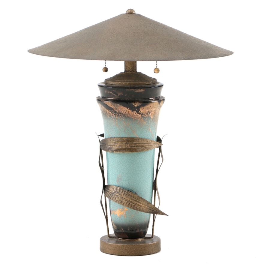 Vintage Glazed Ceramic Lamp with Metal Shade