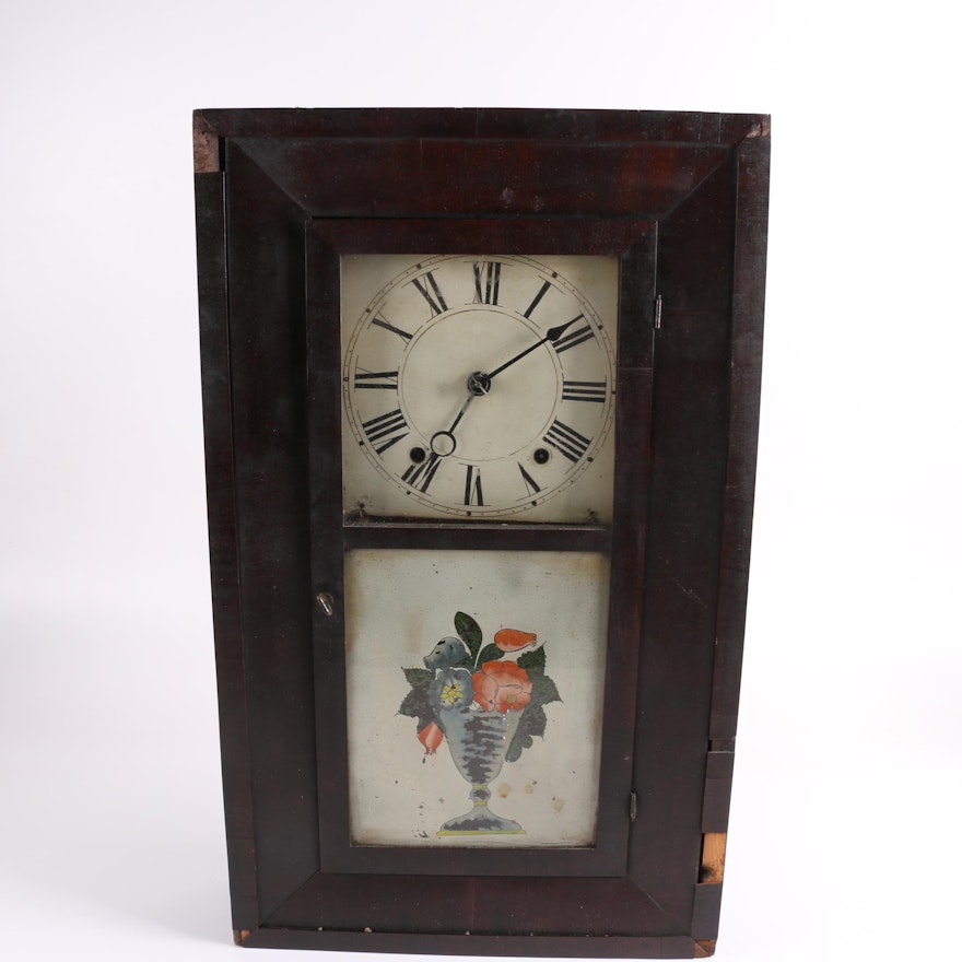 Antique Henry C. Smith Shelf Clock with Reverse Painted Decoration C. 1811-70