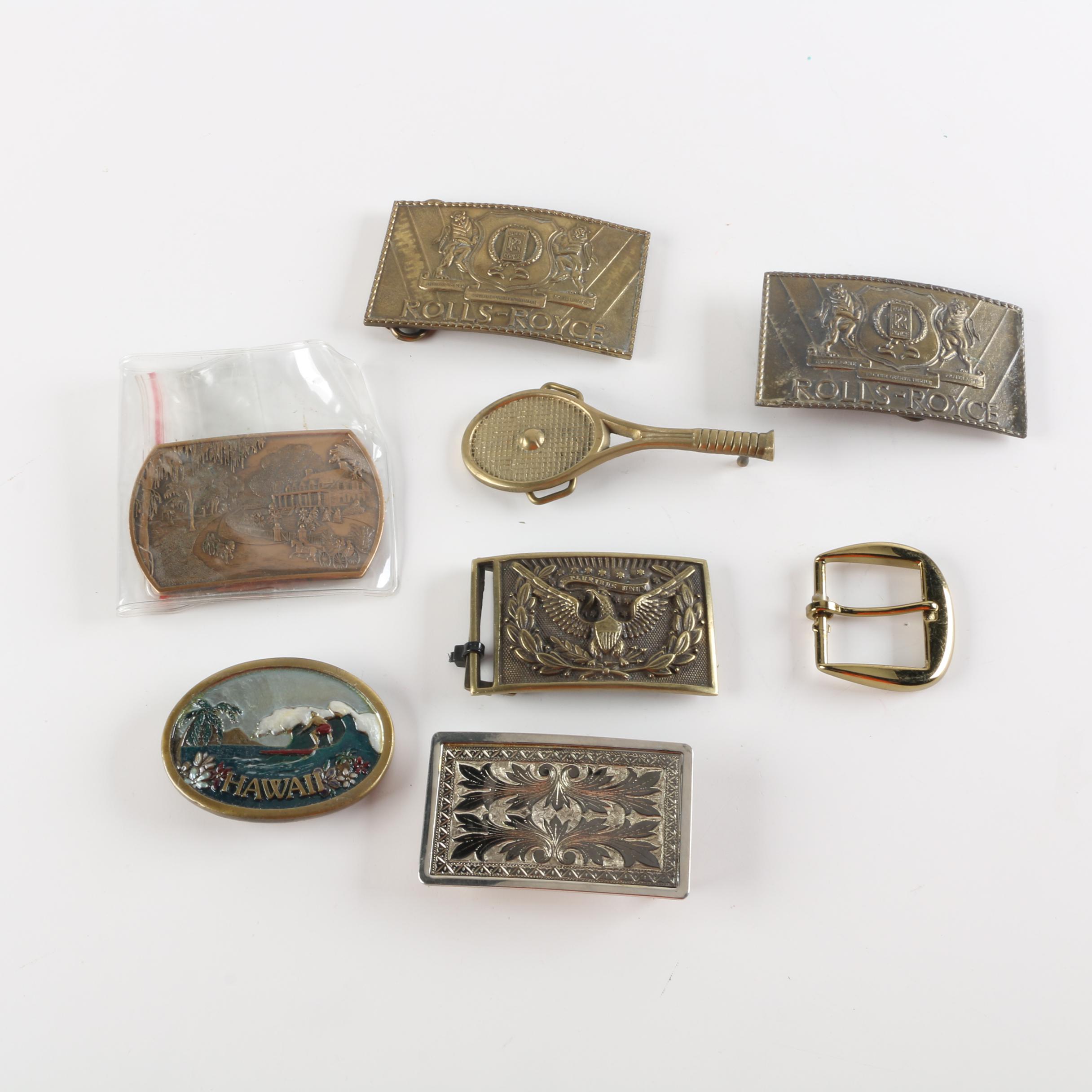 Metal Belt Buckles Including Rolls-Royce, Tennis Racquet, Eagle and Others