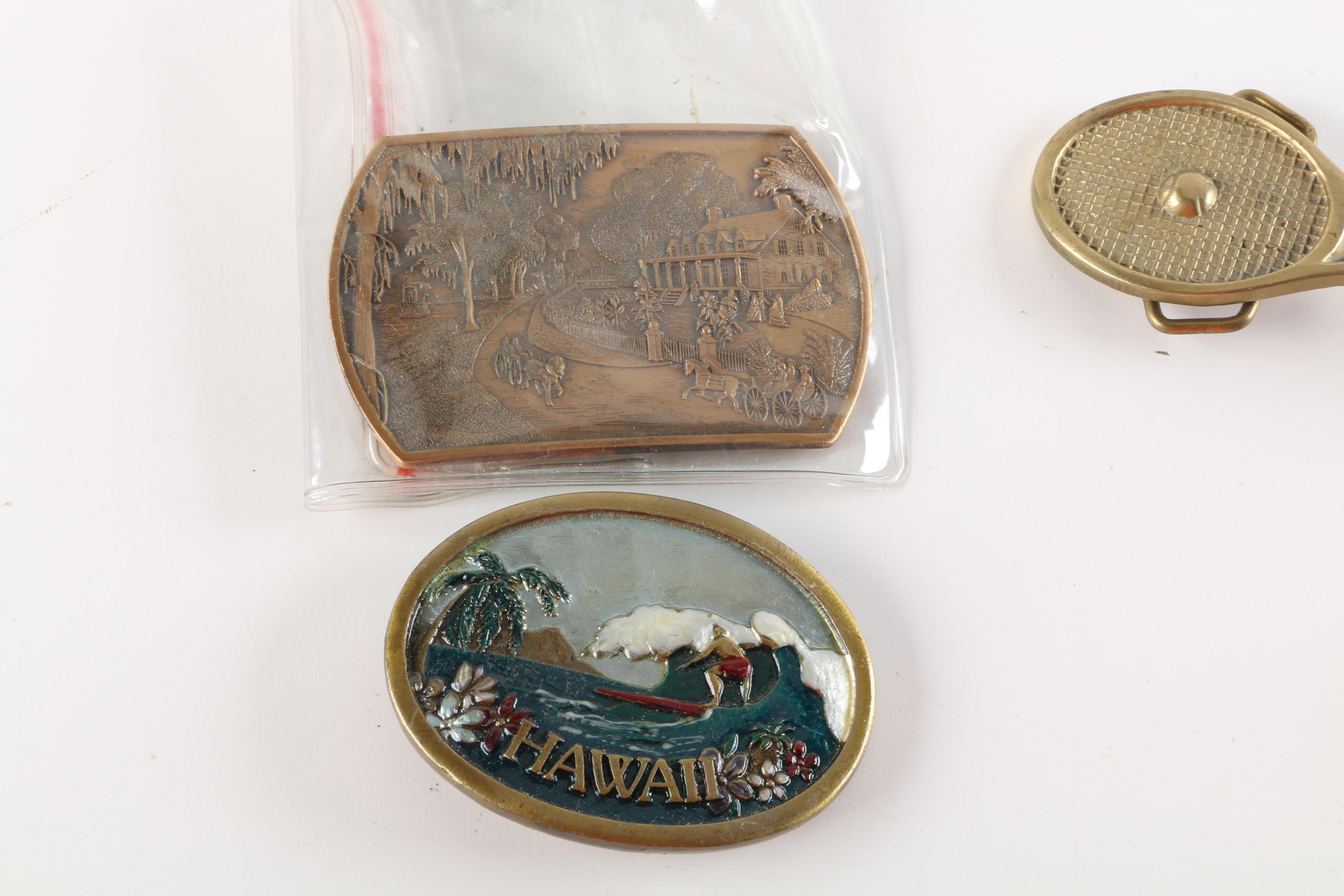 Metal Belt Buckles Including Rolls-Royce, Tennis Racquet, Eagle and Others