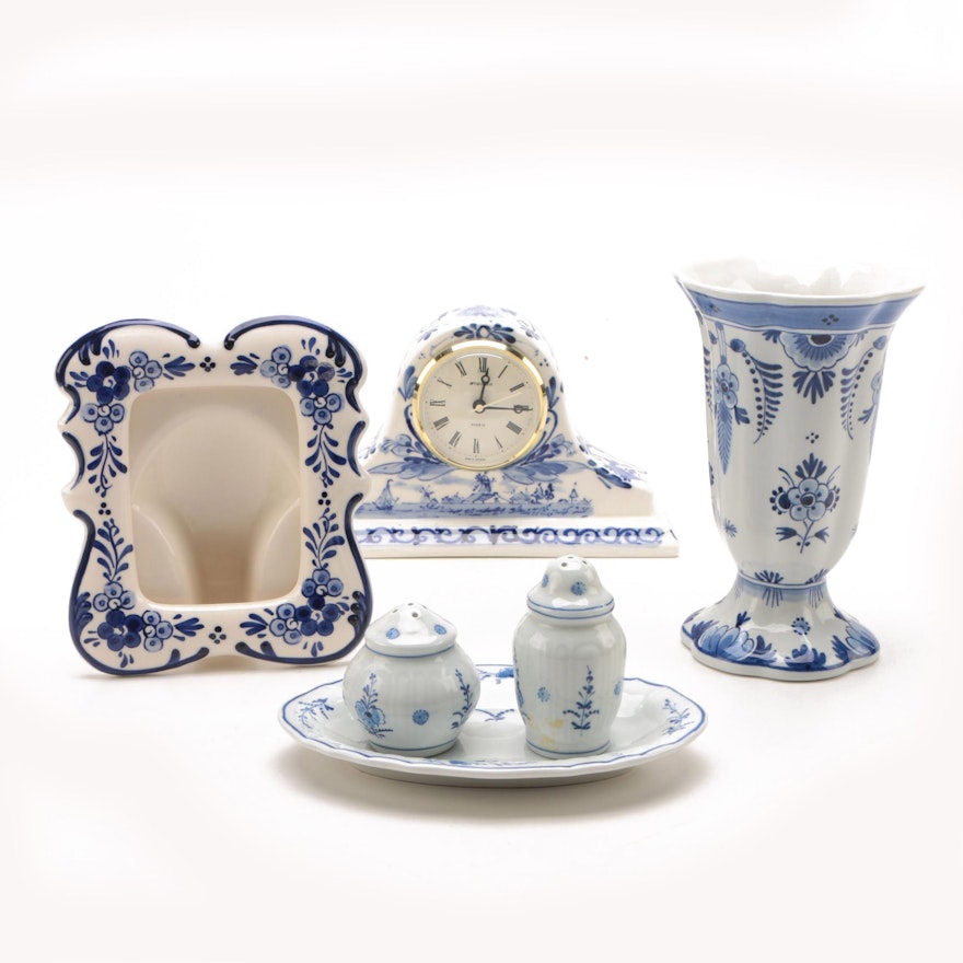 Blue and White Delft Clock, Elesva Frame and Royal Delft Shakers and Vase