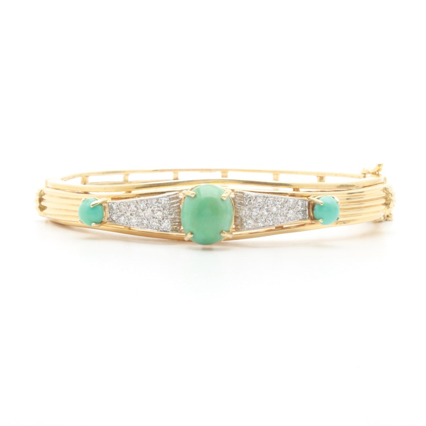 18K Yellow Gold Turquoise and Diamond Bracelet With 14K White Gold Accents