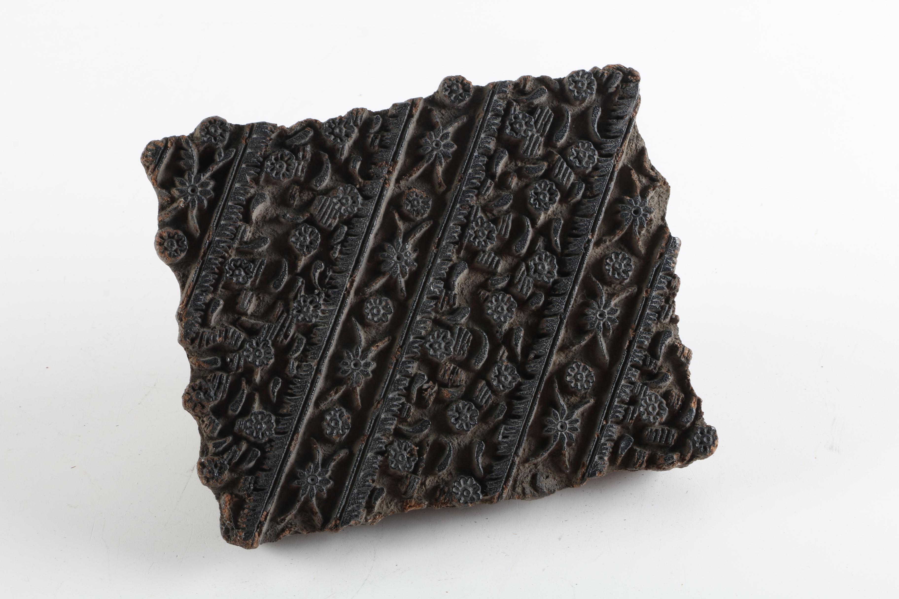 Indian Batik Fabric Printing Block and Brass Rose Bowl