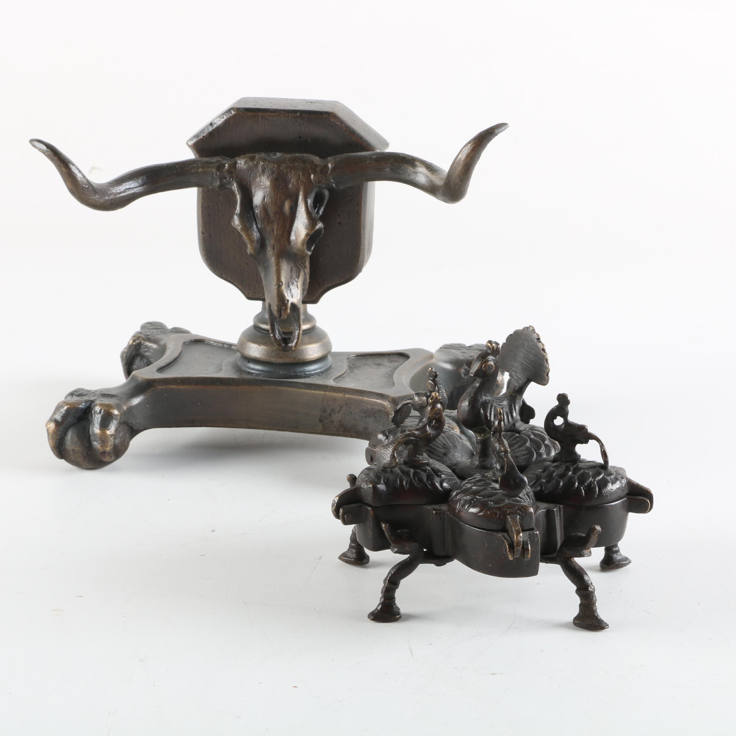 Brass Indian Peacock Spice Box with Brass Sculpture of Longhorn Skull