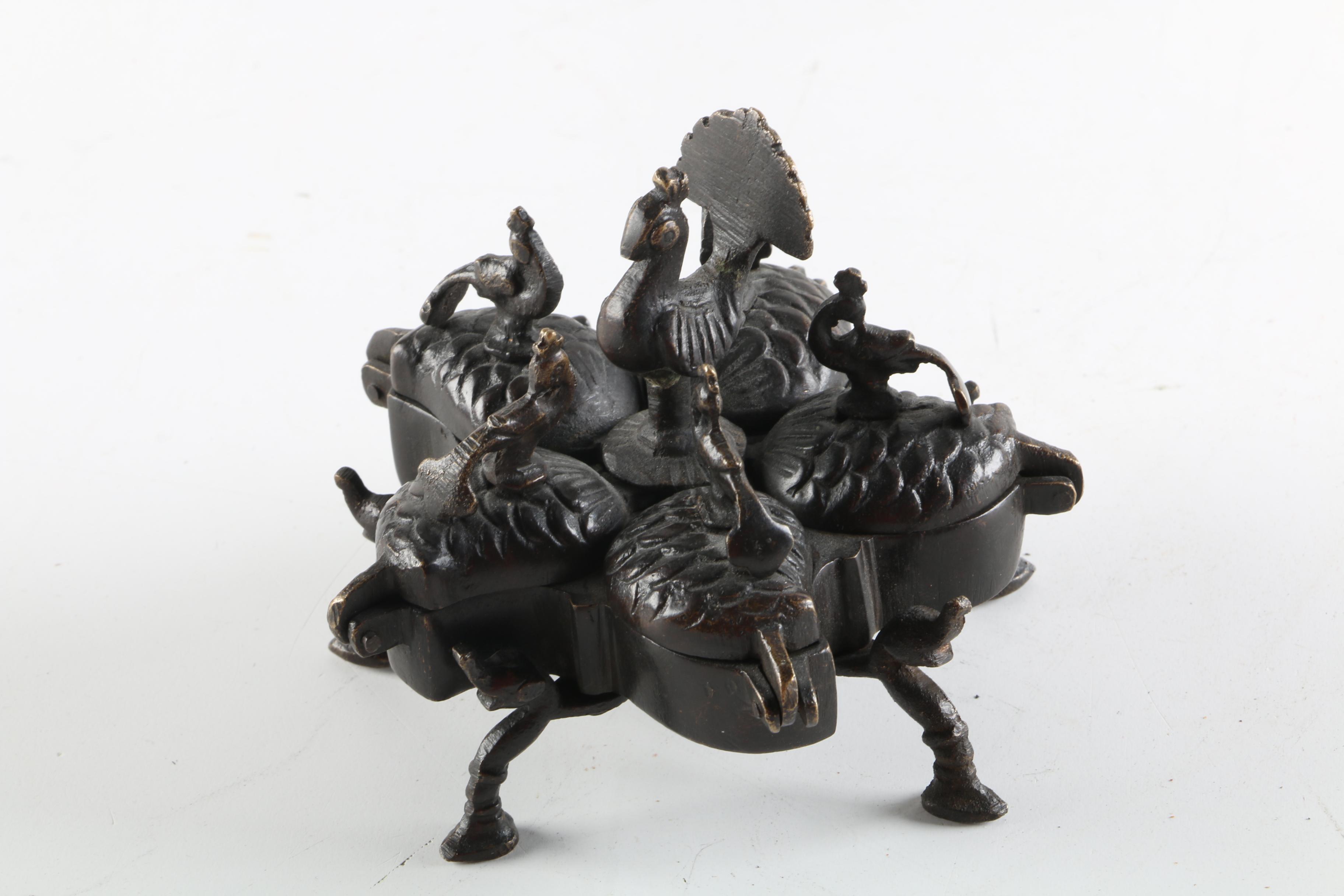 Brass Indian Peacock Spice Box with Brass Sculpture of Longhorn Skull