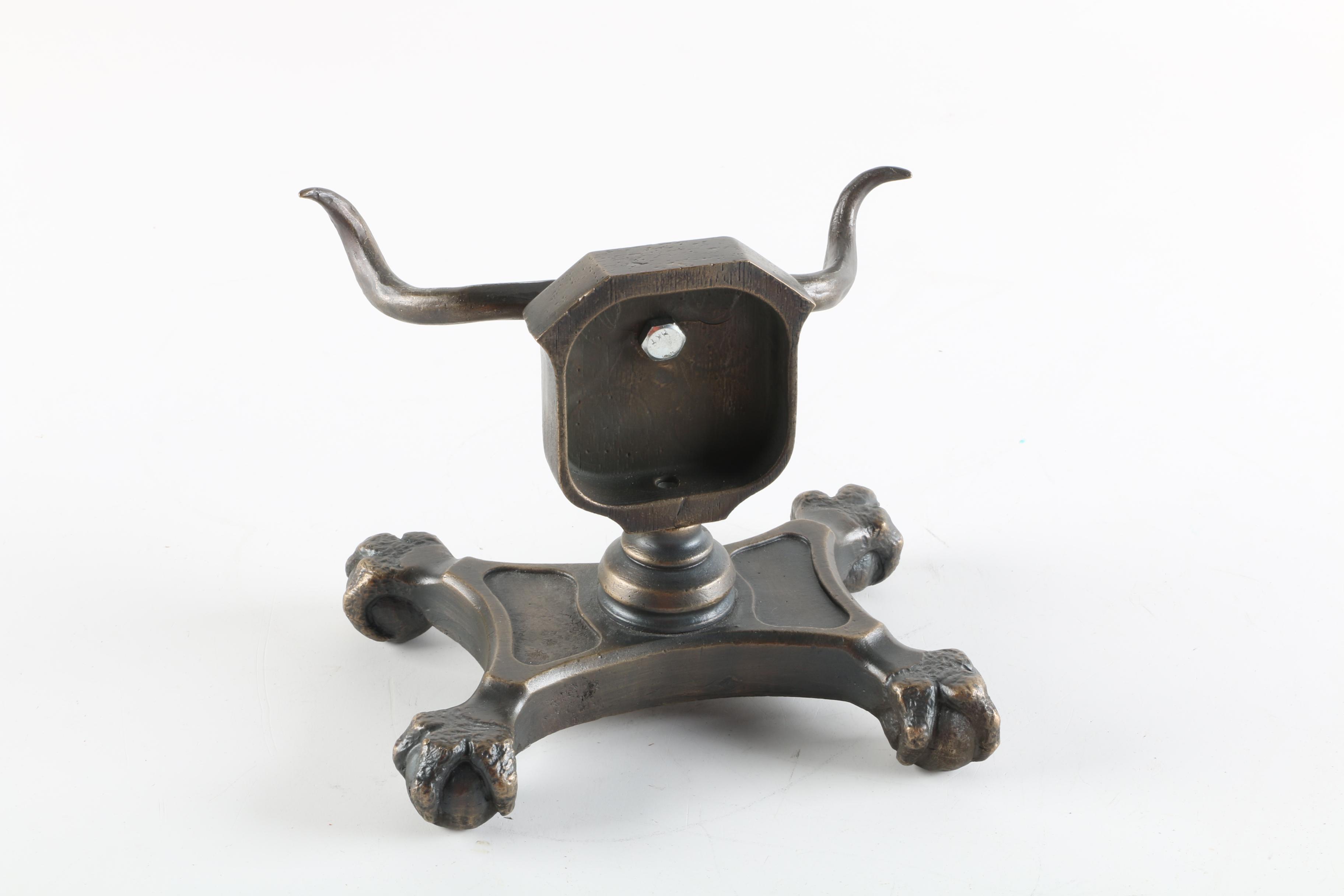 Brass Indian Peacock Spice Box with Brass Sculpture of Longhorn Skull