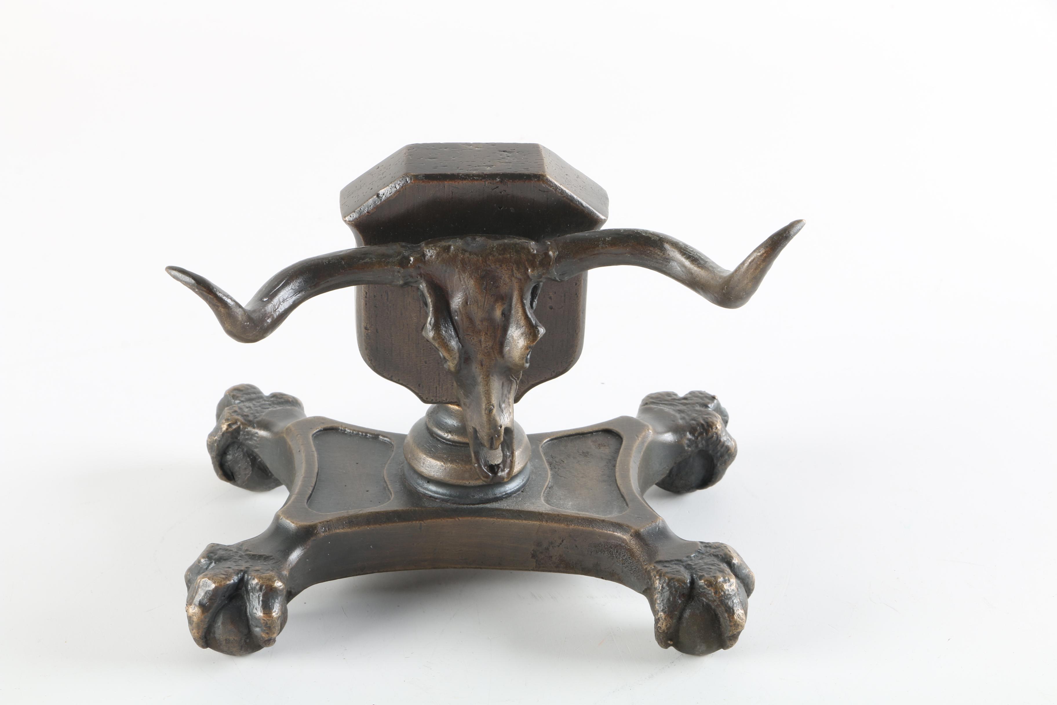 Brass Indian Peacock Spice Box with Brass Sculpture of Longhorn Skull