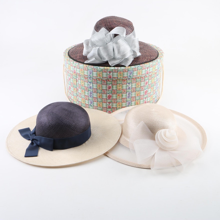 Women's Woven Straw and Cellophane Hats in Hat Box Including Adrienne