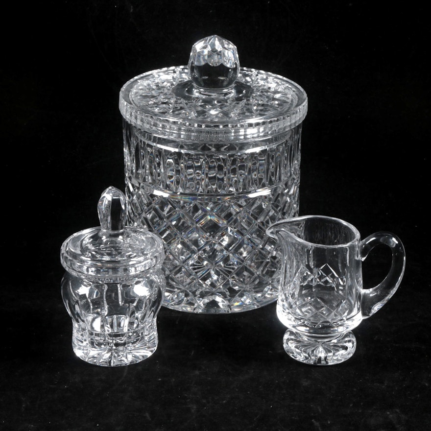 Crystal Biscuit Barrel, Sugar Bowl and Waterford Crystal "Lismore" Creamer