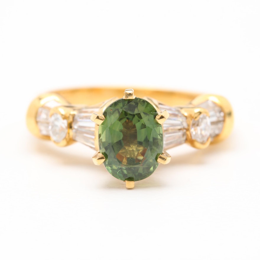 14K and 18K Yellow Gold Green Sapphire and Diamond Ring