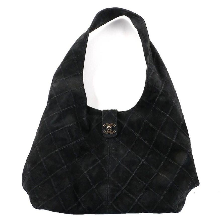 Chanel Quilted Black Suede Hobo Bag