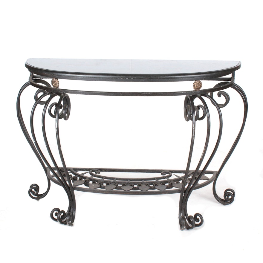 Wrought Iron Demilune Console Table with Black Granite Top