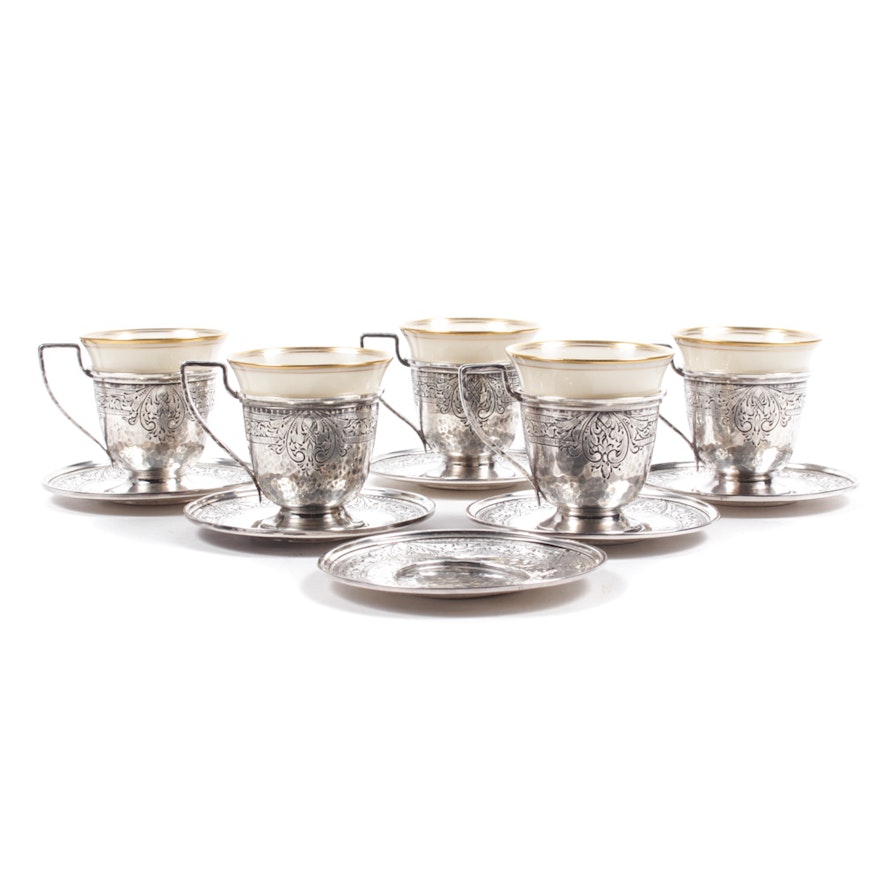Antique Sterling Silver Demitasse Cup Holders with Lenox Inserts