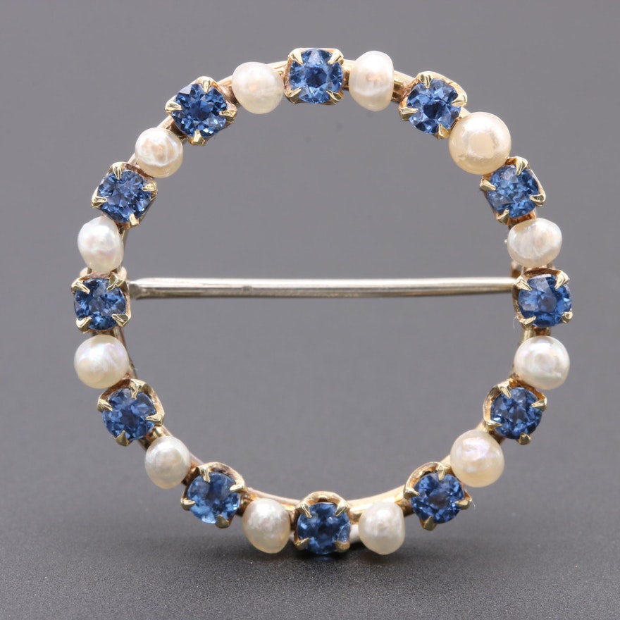 Vintage 14K Yellow Gold Blue Sapphire and Seed Pearl Brooch