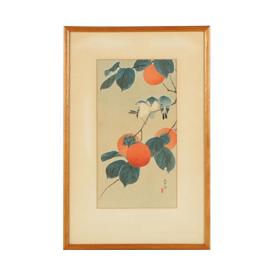 Komori Soseki "Birds on Persimmon" Shin-hanga Woodblock