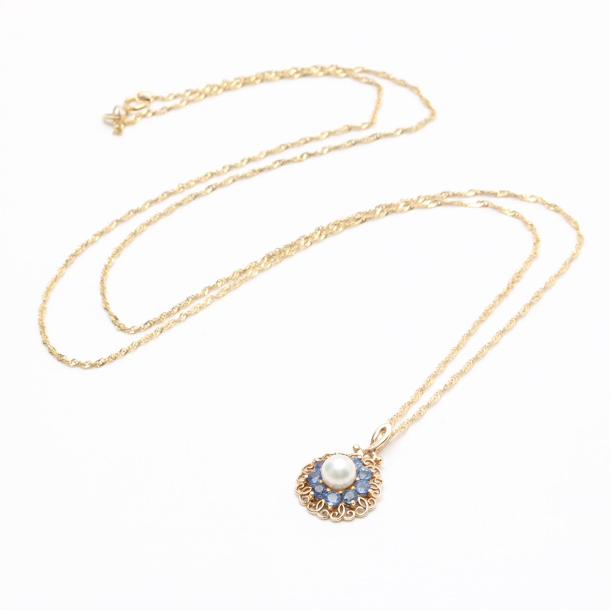 10K and 14K Yellow Gold Cultured Pearl and Blue Sapphire Pendant Necklace