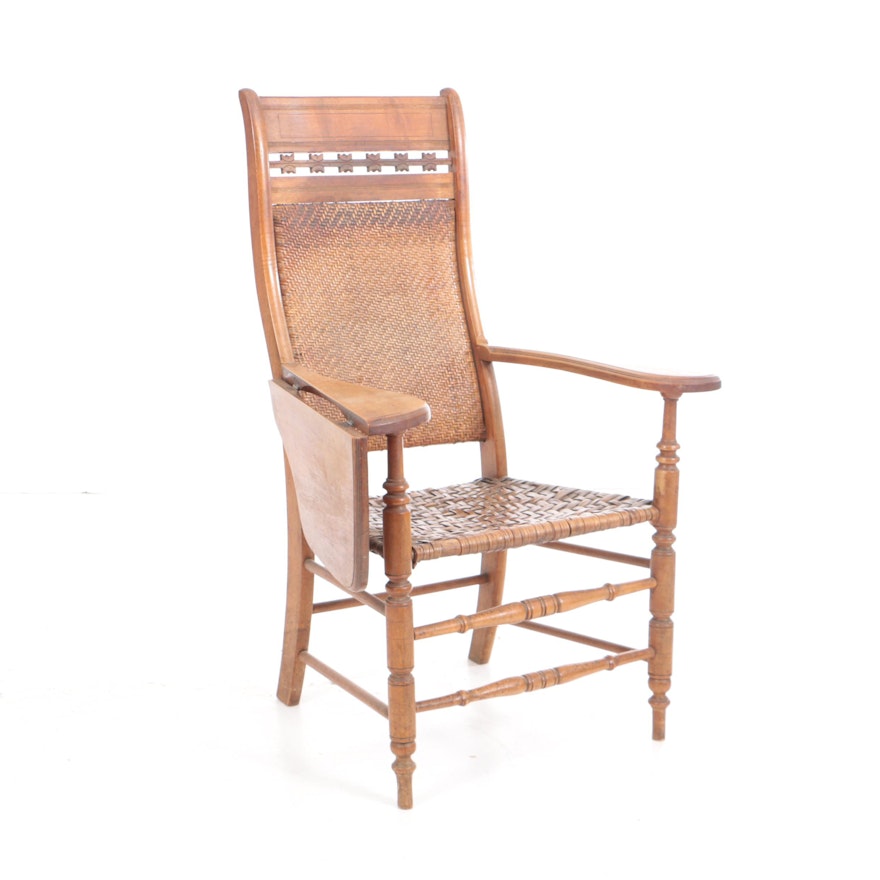 Antique Late Victorian Writing-Arm Chair with Woven Back and Seat