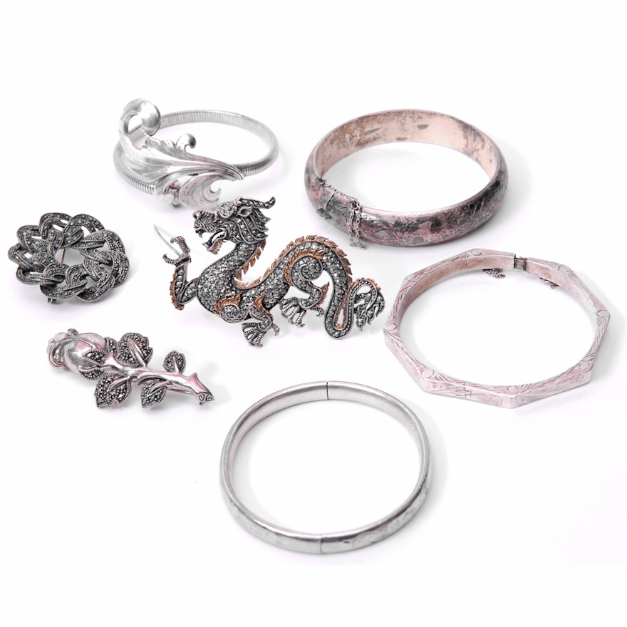 Sterling Silver Bangle and Brooch Collection