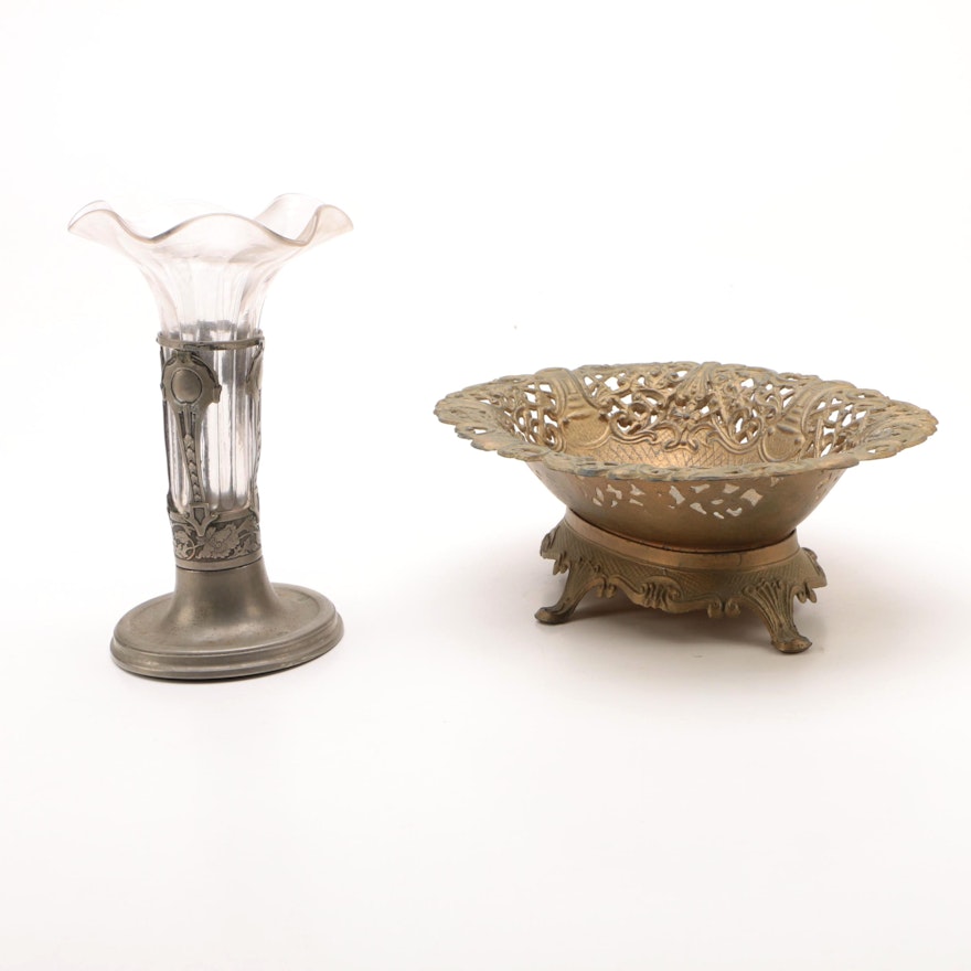 Art Nouveau Glass and Silver Tone Bud Vase with Reticulated Brass Bowl