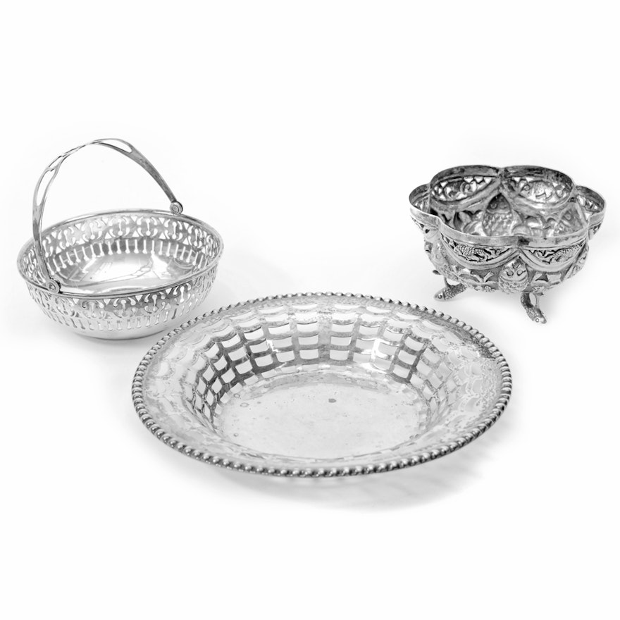 Sterling Silver Pierced Dish, Basket, and Footed Bowl