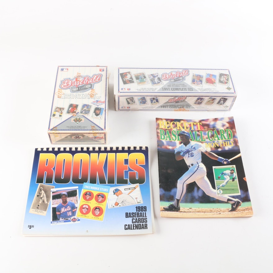1991 Baseball Cards, 1989 Rookies Calendar, and 1990 Beckett Magazine