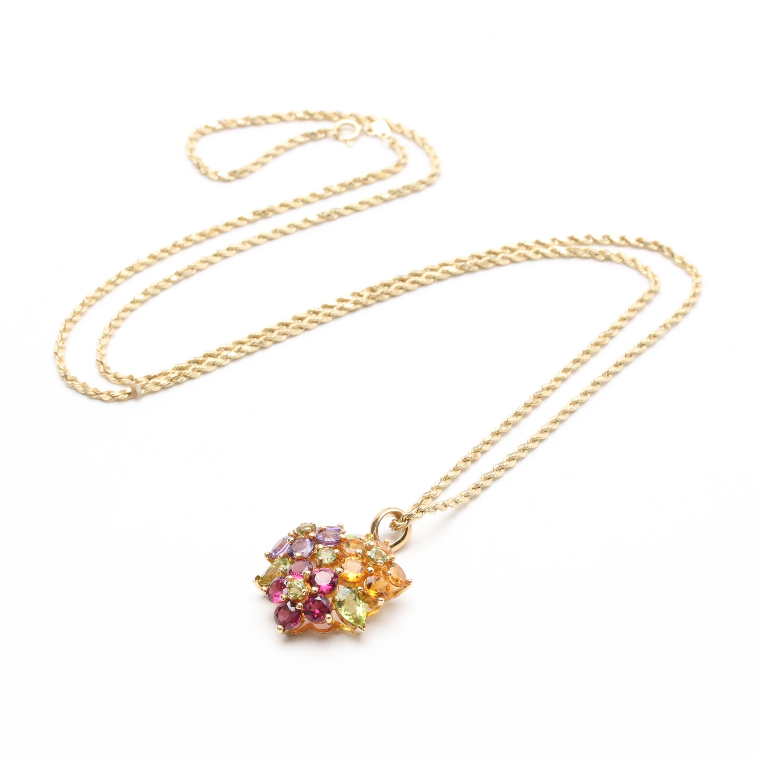 14K Yellow Gold Floral Gemstone Necklace