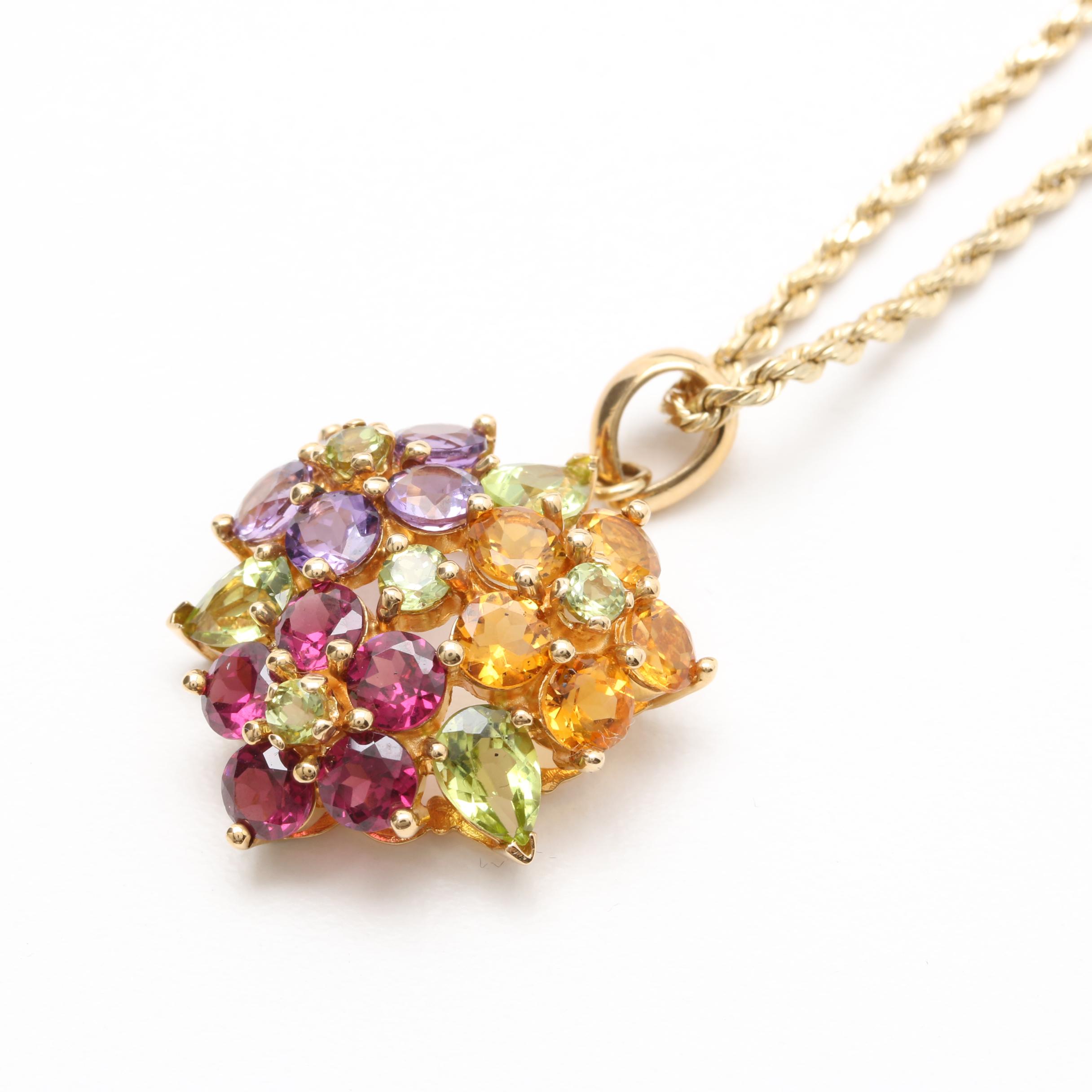 14K Yellow Gold Floral Gemstone Necklace