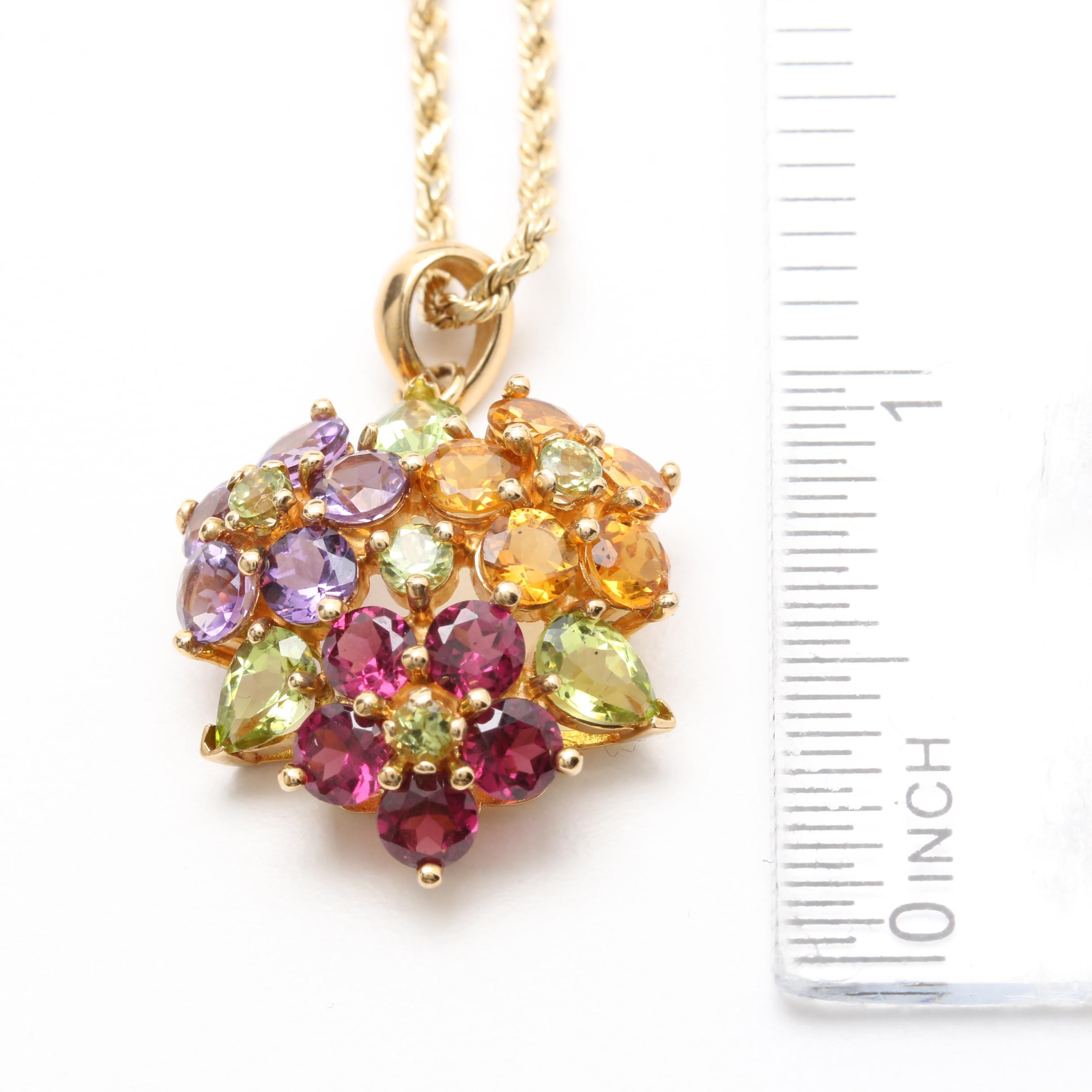 14K Yellow Gold Floral Gemstone Necklace