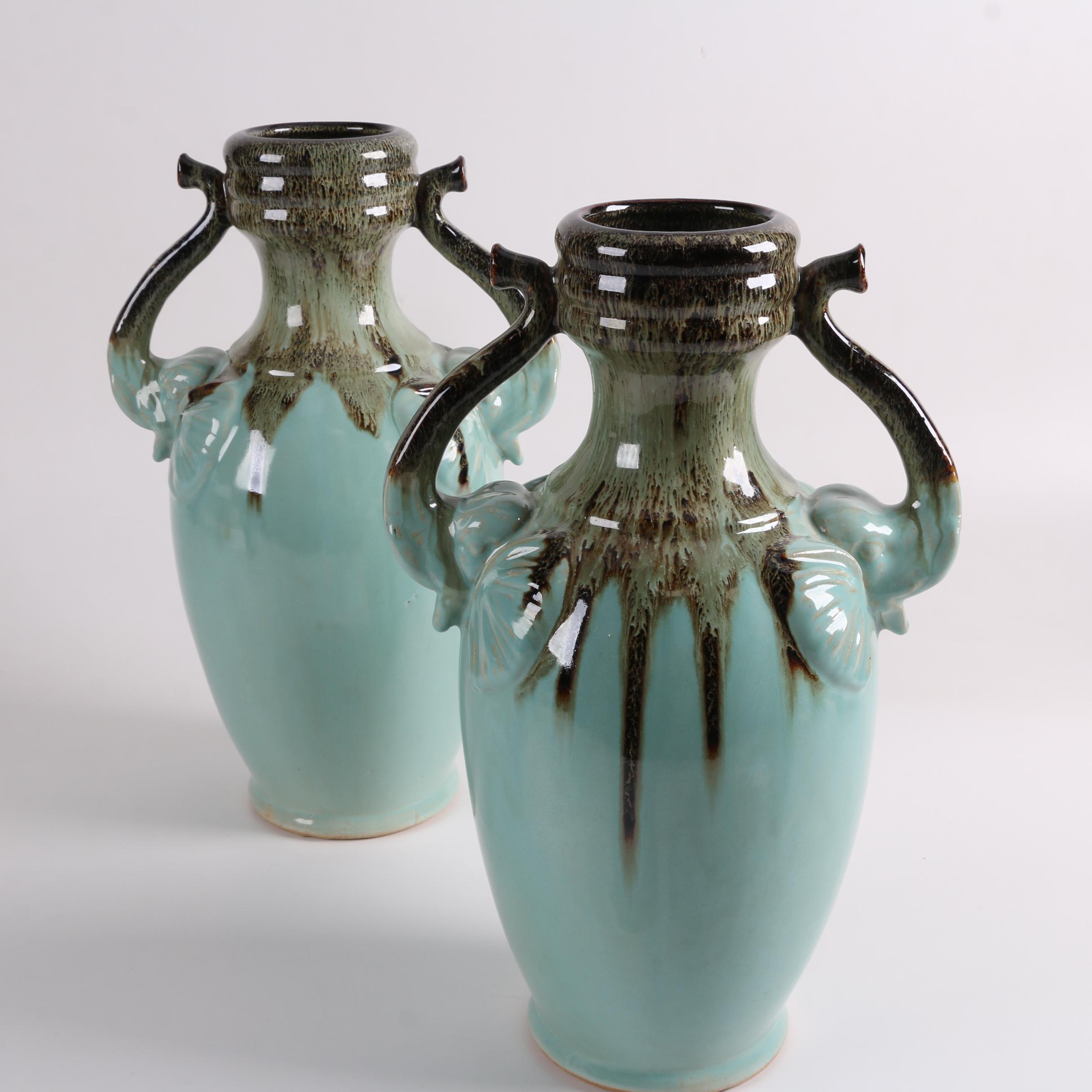 Three Hands Earthenware Drip Glazed Vases with Figurative Elephant Handles