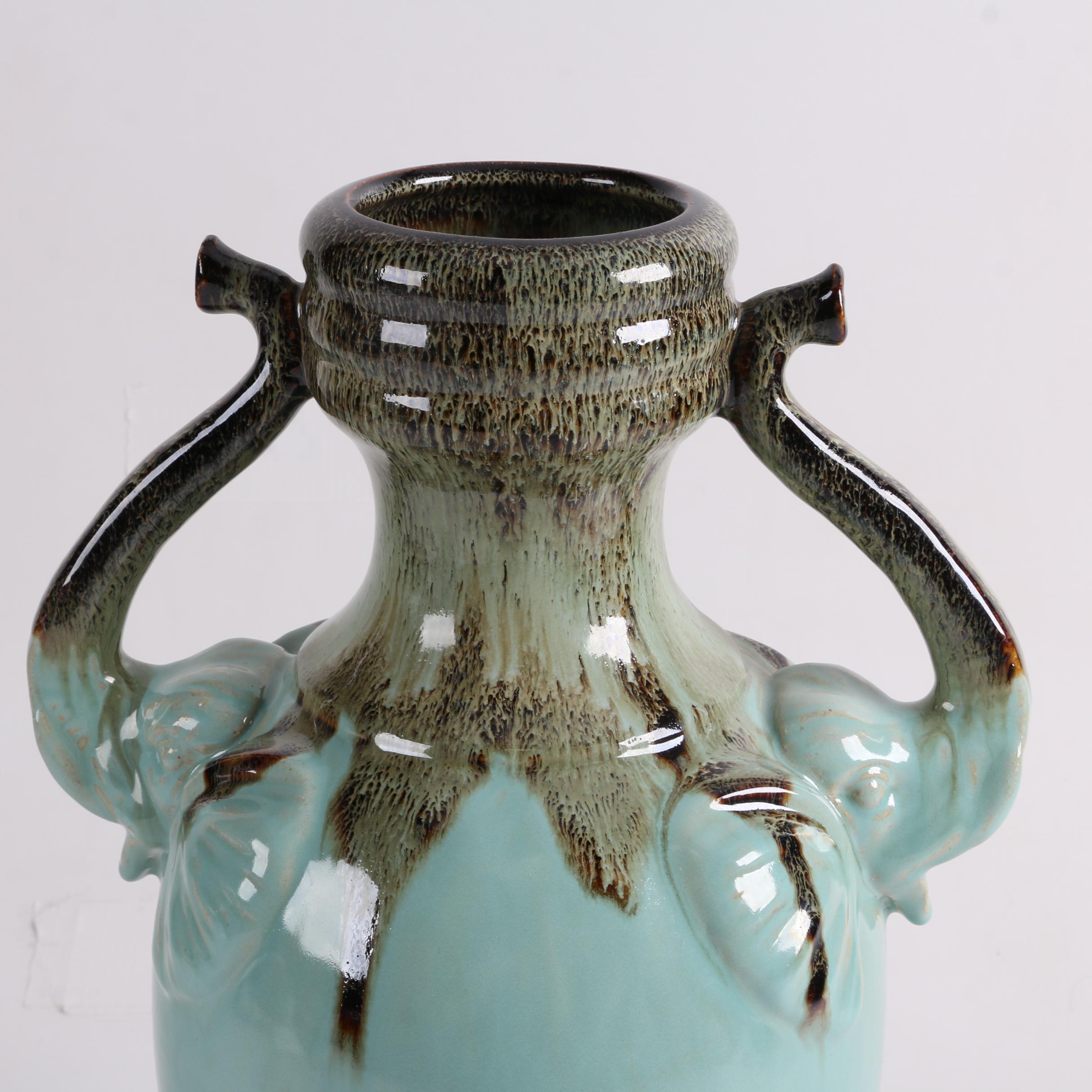 Three Hands Earthenware Drip Glazed Vases with Figurative Elephant Handles
