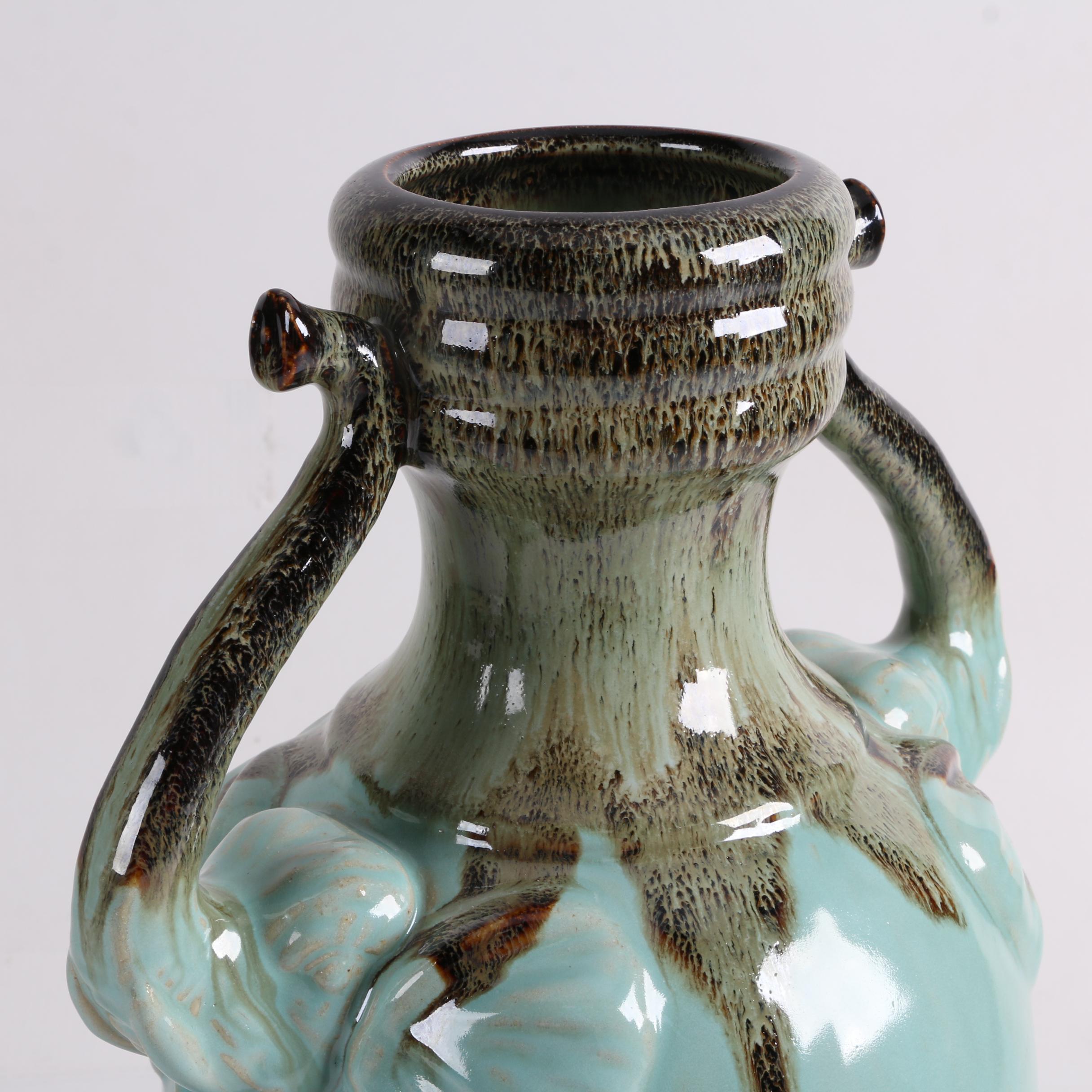 Three Hands Earthenware Drip Glazed Vases with Figurative Elephant Handles