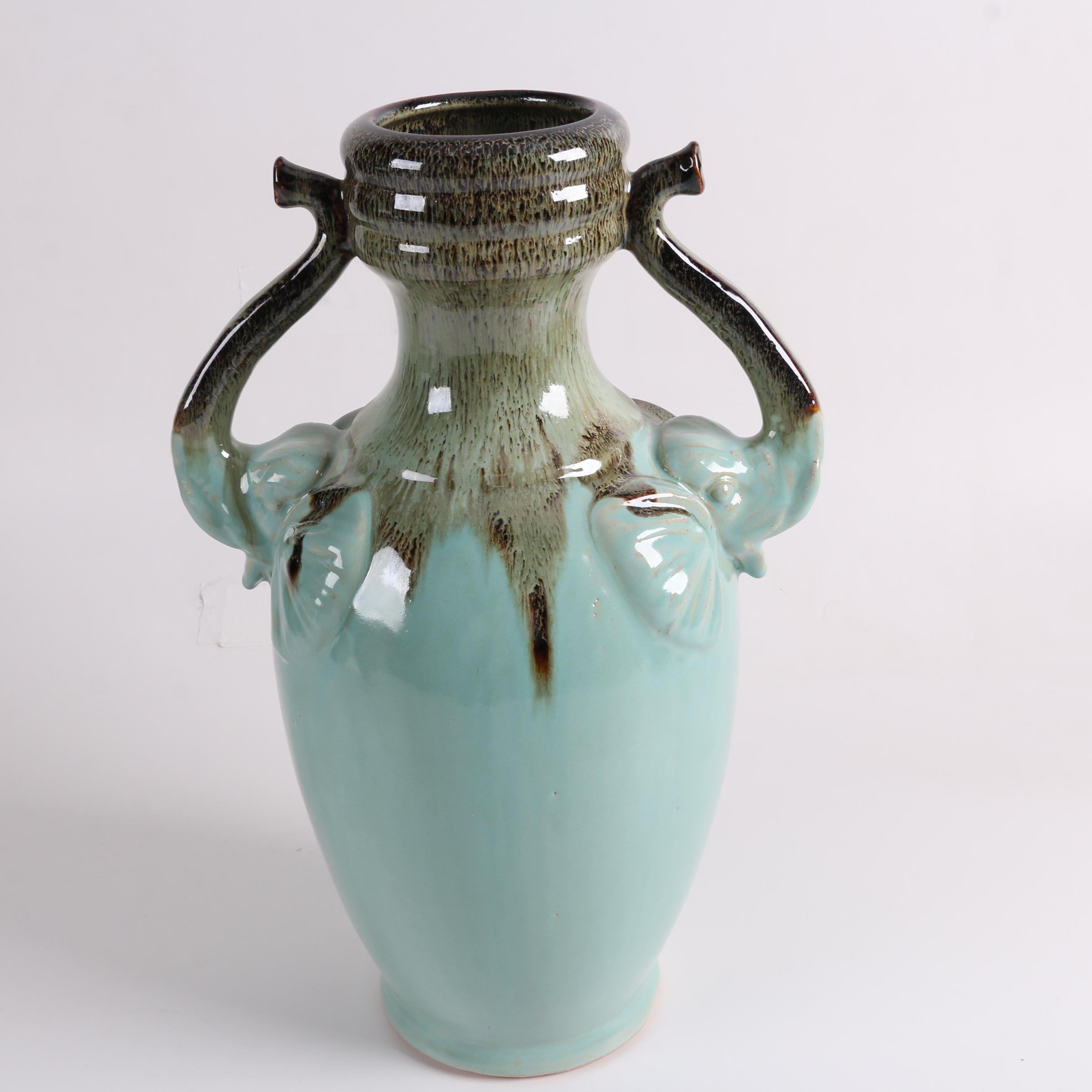 Three Hands Earthenware Drip Glazed Vases with Figurative Elephant Handles